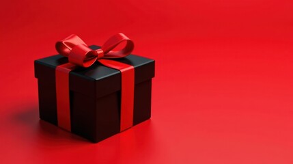 Obraz premium A solitary black gift box adorned with a vibrant red ribbon, elegantly presented against a rich scarlet backdrop.