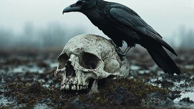 Raven perched on skull, misty field