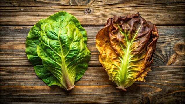 Wilted lettuce leaves, soft and droopy, on a wooden surface. - Powered by Adobe