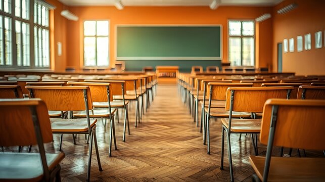 Empty high school lecture room with classic wooden furniture chalkboard in the background and warm peaceful lighting   a serene learning environment for back to school theme
