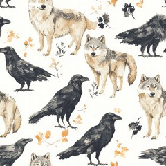 Naklejka premium Intricate pattern featuring black and white wolves and crows in a striking visual composition