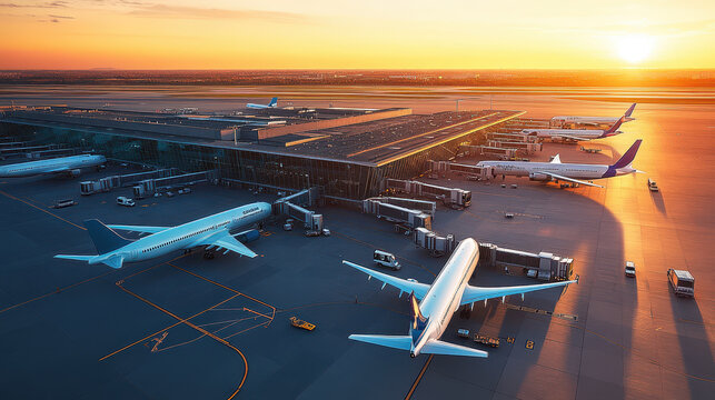 Aerial view of an airport with planes parked at the gates and the terminal in the soft light of sunset