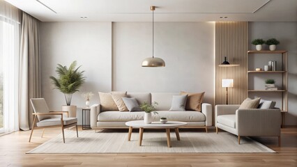 Fototapeta premium A minimalist modern living room with a neutral color palette and sparse furniture arrangement, modern interior design, neutral colors