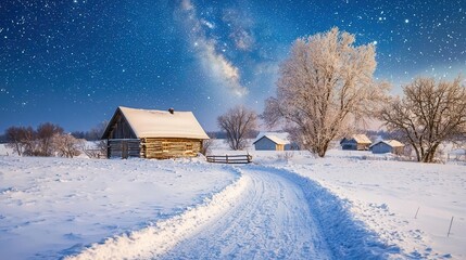 Winter Wonderland Snow Covered Cabin Starry Night Sky Snowy Road