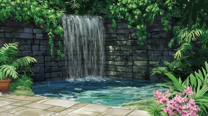 Tranquil Waterfall Garden Oasis Serene Pool Stone Wall Lush Greenery