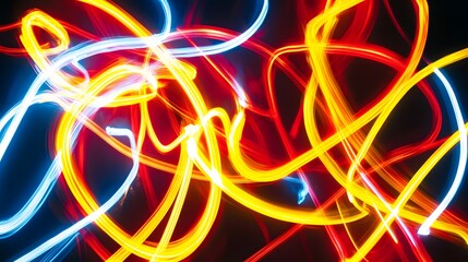 abstract colorful light painting on a dark background, with vibrant streaks of red, yellow, and blue lights