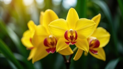 Obraz premium A vibrant yellow orchid with red accents in full bloom, set against a blurred green background.