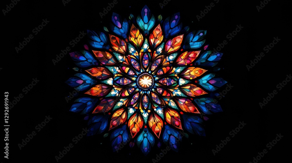 Poster circular stained glass window with vibrant geometric patterns, mixed colors, glowing in darkness. ar