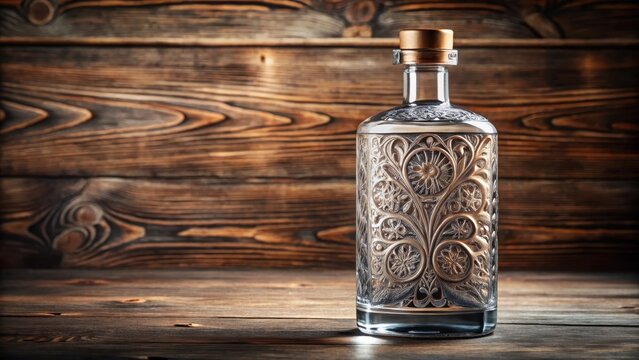 Elegant, handcrafted gin bottle with intricate design and luxurious packaging on a wooden table, elegant