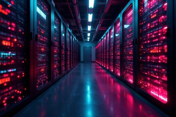 Advanced technology bitcoin mining farm with glowing lights and digital screens, digital, futuristic, computer