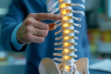 Fototapeta premium Human Spine Model Demonstration by Doctor with Illuminating Vertebrae in Clinical Setting