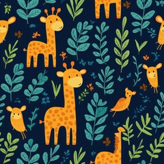 Obraz premium A playful gathering of giraffes in a vibrant jungle setting surrounded by lush green plant life