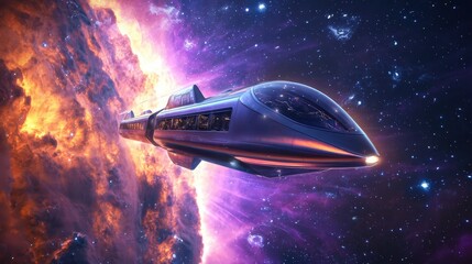 Obraz premium A deep-space train powered by anti-gravity technology traveling through a luminous nebula