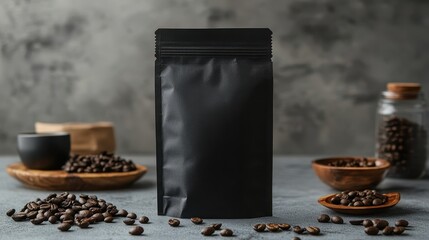Black stand-up pouch for coffee beans. Perfect for packaging and branding your coffee product.
