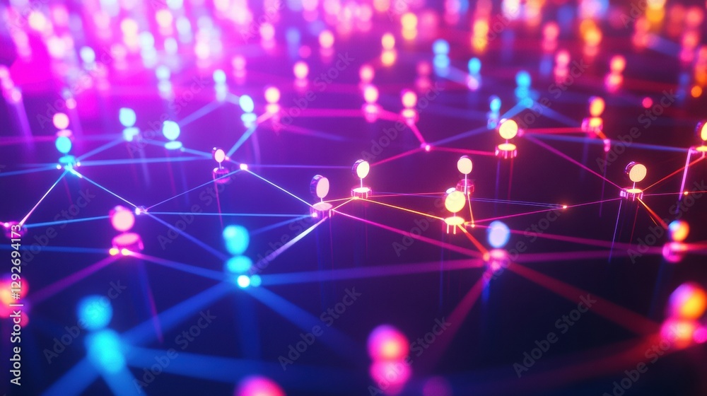 Fototapete futuristic digital network of colorful 3d avatars interconnected by glowing neon lines representing 