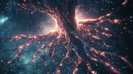 A celestial tree with glowing roots extending into space absorbing energy from the stars
