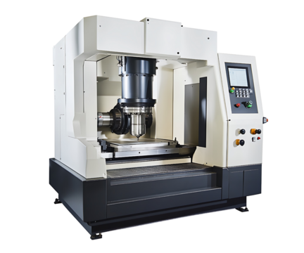 High-resolution photo of a CNC machine tool, fully isolated on a white or transparent background.