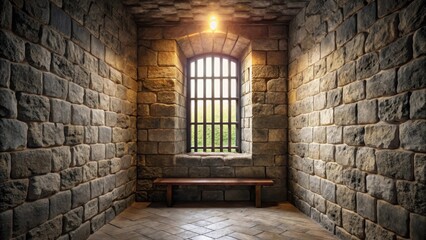 Obraz premium Dungeon Cell with Barred Window, castle, captivity, castle, captivity, Gothic, prison, eerie, architecture, darkness