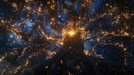 A celestial tree with glowing roots extending into space absorbing energy from the stars