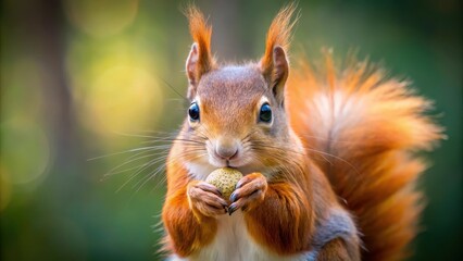 close-up portrait of a red squirrel with a nut in its mouth on a blurred forest background, scenery, animal,  scenery, animal