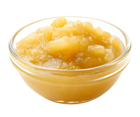 Soft apple sauce in a glass bowl, isolated on white or transparent background. High resolution.