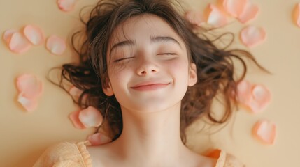 Serene Young Woman Amidst Pink Rose Petals On Yellow Backgrounds DescriptionForImage  PhotoDetails