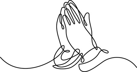 Praying hands one line drawing with editable stroke on white isolated background. Vector illustration