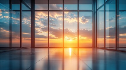 Fototapeta premium Sunset Cityscape View From Modern Office Building