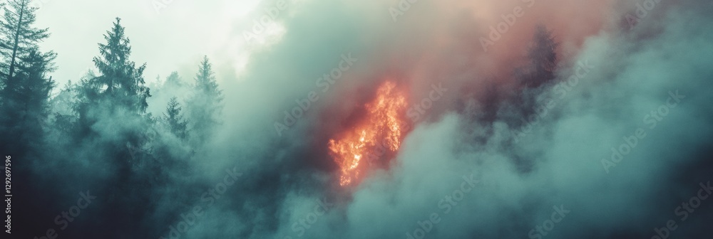 Poster forest engulfed in flames and smoke with warm hues and ample sky space for text. generative ai