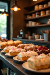 Assorted bakery treats on display at a rustic cafe, freshly baked, artisan, rustic