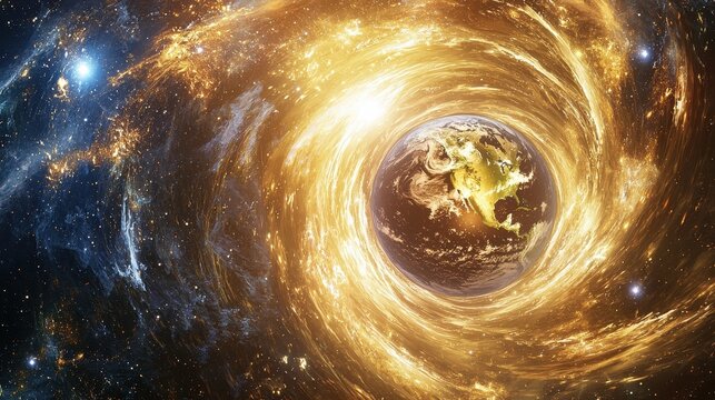 A celestial tunnel of glowing light forms above Earth linking parallel universes