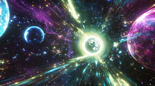 A celestial tunnel of glowing light forms above Earth linking parallel universes