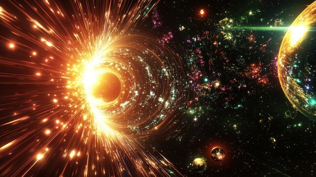 A celestial tunnel of glowing light forms above Earth linking parallel universes