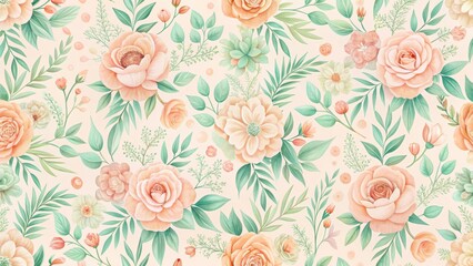 Elegant floral seamless pattern with pastel colors in a soft peach and mint hue