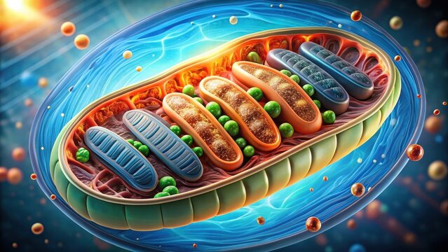 Intricate mitochondrial structure with inner and outer membranes, organelles