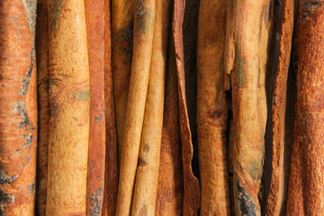 Close up of Cinnamon sticks. Cinnamon roll.