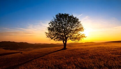 Fototapeta premium Minimalist landscape of a lonely tree at dawn with soft golden hues