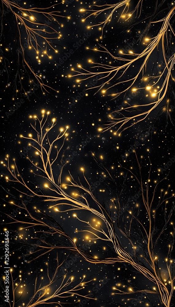 Wall mural golden light glows on abstract dark branching structures