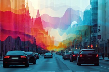 Busy urban road with abstract sound waves visualized above during late afternoon hours. Generative AI