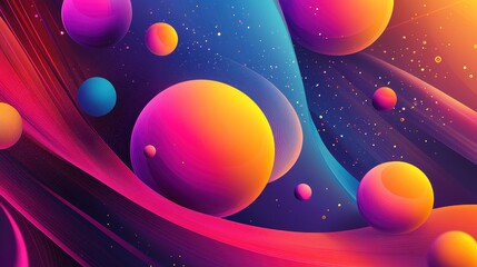 Vibrant abstract art of colorful spheres and flowing lines in space. Ideal for tech, design, and cosmic-themed projects needing a dynamic visual.