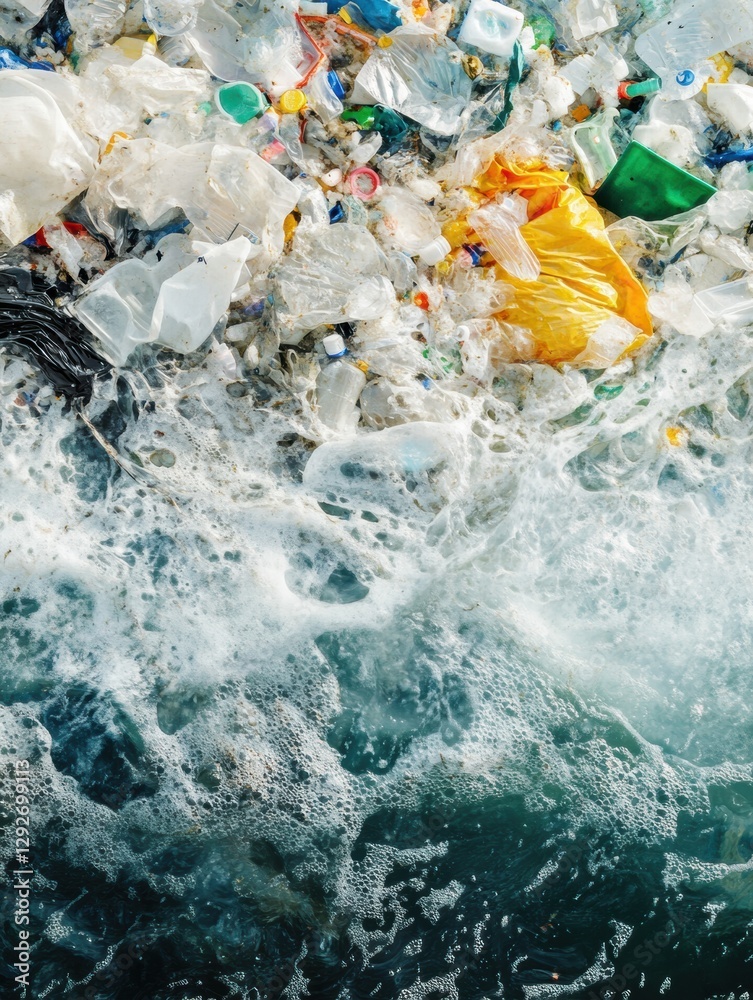 Poster Plastic fragments mixed with ocean waves highlighting pollution concerns in marine environments. Generative AI