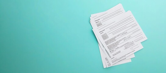 Stack of printed forms placed on a turquoise background