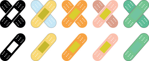 Bandage Icon Set - Colorful Medical Plaster Vector Collection for Healthcare, First Aid, and Wound Care Designs