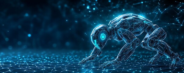 Digital cyborg crouches on a network landscape glowing blue