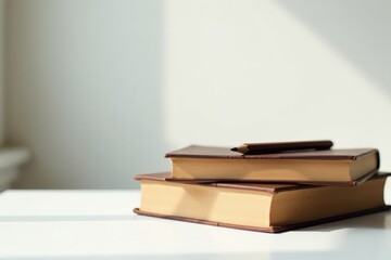 Serene Study Setup Two Leather-Bound Books Resting on a Table, Adorned with a Pencil, Bathed in Soft Sunlight