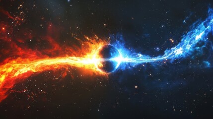 A celestial river of glowing plasma flows between two planets creating an intergalactic bridge