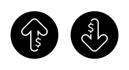 Dollar arrow up and down outline icon on black circle. Increase and decrease USD sign symbol