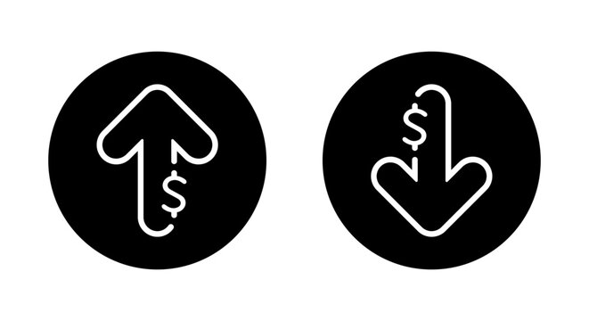 Dollar arrow up and down outline icon on black circle. Increase and decrease USD sign symbol