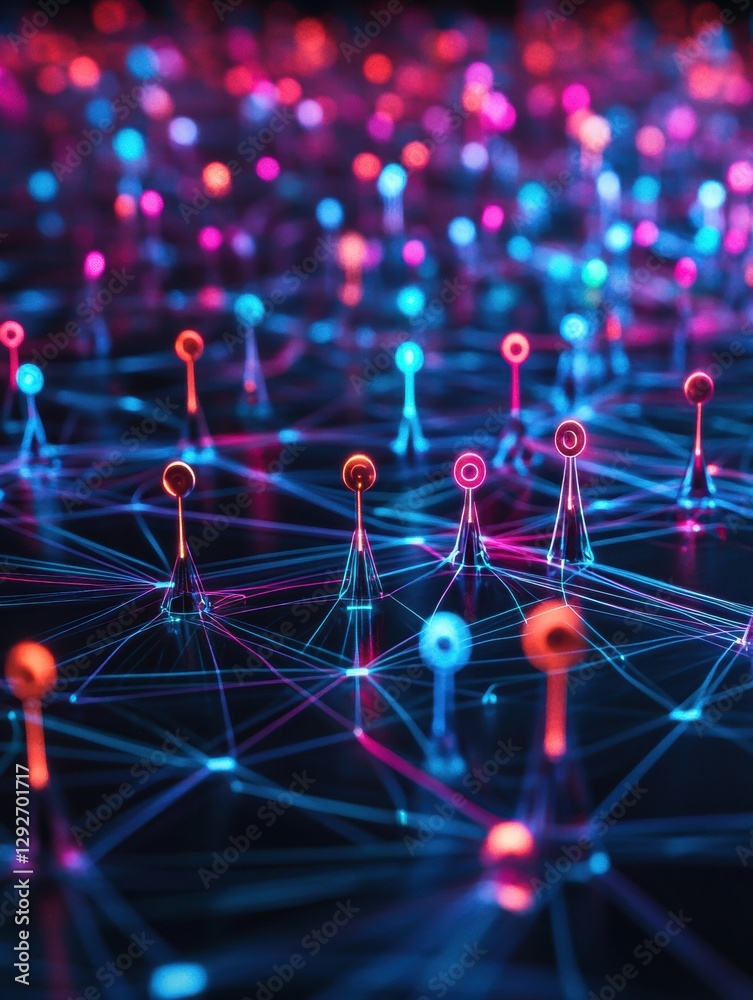 Leinwandbilder futuristic digital network featuring colorful 3d avatars connected by glowing neon lines in a vibran