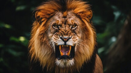 Fototapeta premium A close up of a lion roaring with its mouth open, showing sharp teeth.